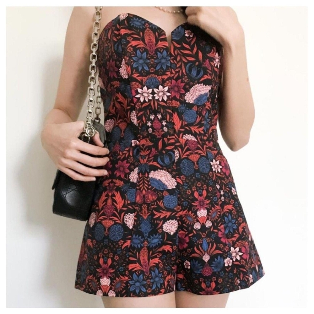 H&M Strapless Floral Romper in Black with Red & Blue Print